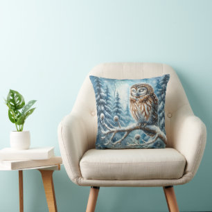 Coussin Hibou des bois Sérène Forêt d'hiver Faune