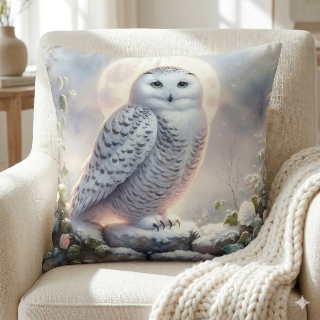 Coussin Hibou des neiges dans un jardin d'hiver au clair d (Snowy Owl in Moonlit Winter Garden Throw Pillow Mockup A)