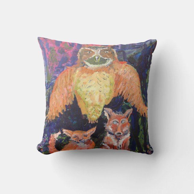 Coussin Hibou et carreau lunatique de renards (Recto)