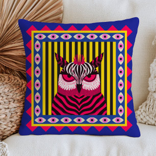 Coussin Hibou funky à motif zèbre rayures jaunes bleues