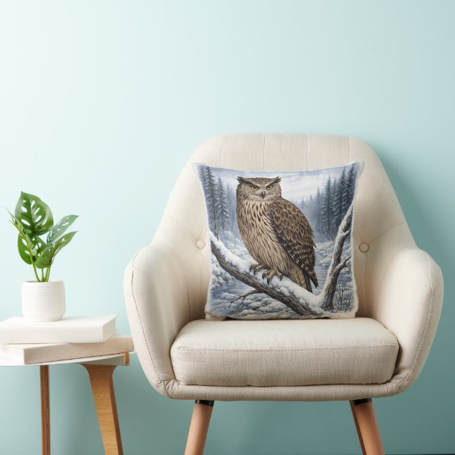 Coussin Hibou pêcheur de Blakiston dans une forêt hivernal (Chaise)