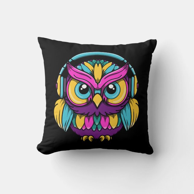 Coussin Hibou Rétro Portant des Écouteurs (Recto)