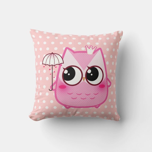 Coussin Hibou rose de Kawaii avec le parapluie mignon (Recto)