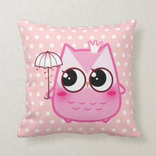 Coussin Hibou rose de Kawaii avec le parapluie mignon