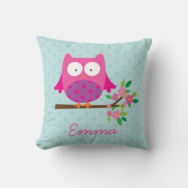 Coussin Hibou rose sur un carreau personnalisé par branche (Recto)