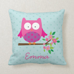 Coussin Hibou rose sur un carreau personnalisé par branche