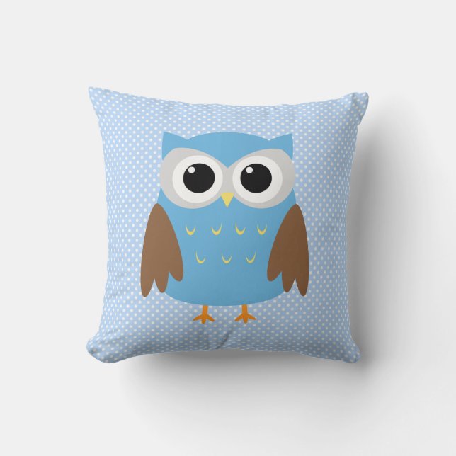 Coussin Hibou sur pois bleu bébé et blanc (Recto)