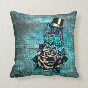 Coussin Hibou turquoise de crâne de sucre de style de
