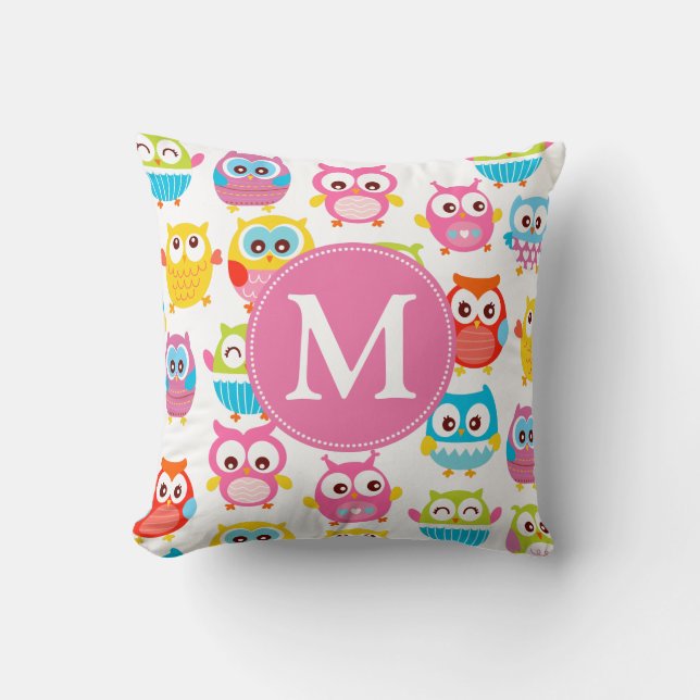 Coussin Hiboux mignons de Litte décorés d'un monogramme (Recto)