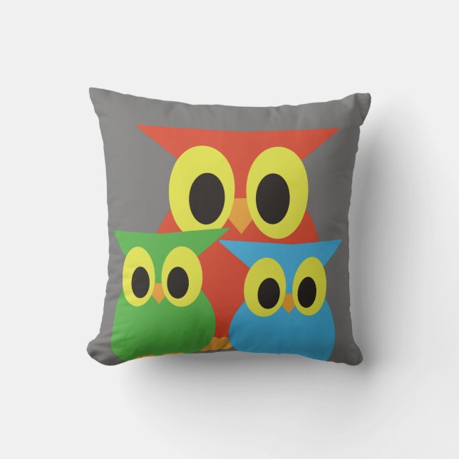 Coussin Hiboux rouges, verts et bleus (Recto)