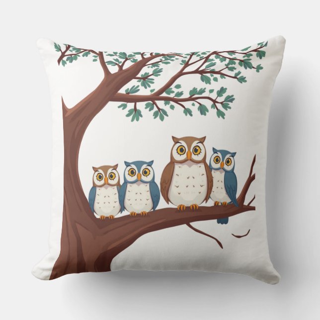 Coussin Hiboux sages sur une branche boisée (Recto)