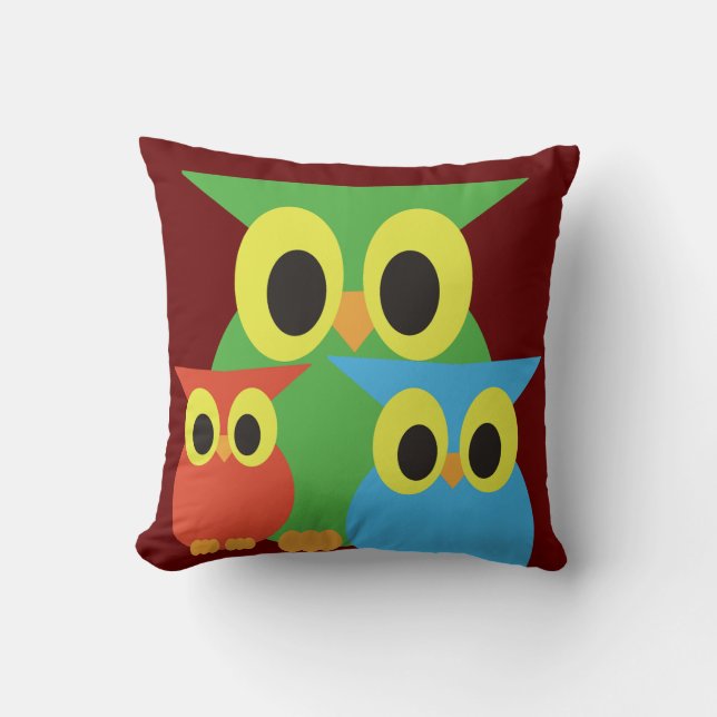 Coussin Hiboux verts, rouges et bleus (Recto)