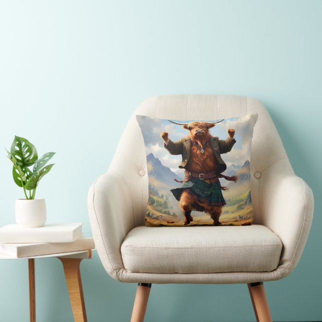 Coussin Highland Cow Dansant Le Highland Fling, (Chaise)