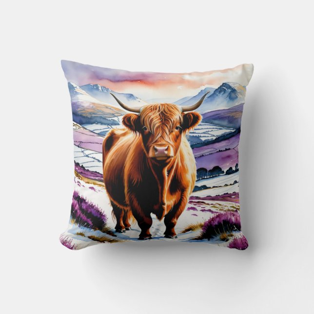 Coussin Highland Cow Neige Aquarelle Texte personnalisé No (Recto)