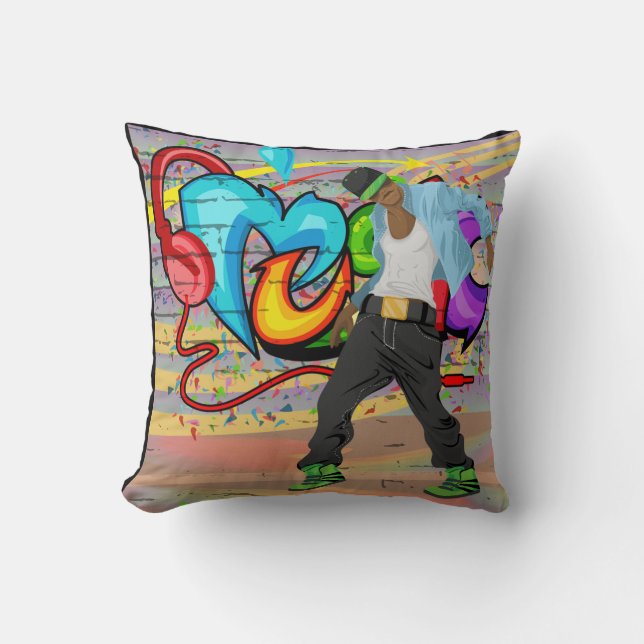 Coussin Hip-Hop Dancing Guy et musique Graffiti Wall (Recto)