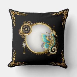Coussin Hippocampe coloré Steampunk sur fond blanc et or