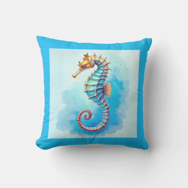 Coussin Hippocampe d'aquarelle sur Turquoise (Recto)