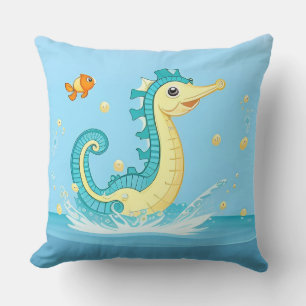Coussin Hippocampe de dessin animé joueur dans l'eau bleue