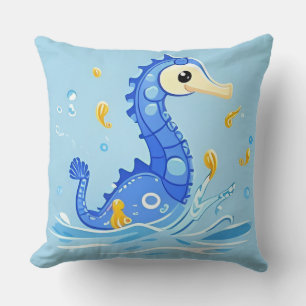 Coussin Hippocampe de dessin animé joueur dans l'eau bleue