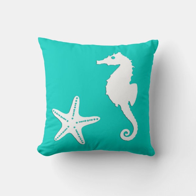 Coussin Hippocampe et étoile de mer - blanc sur turquoise (Recto)