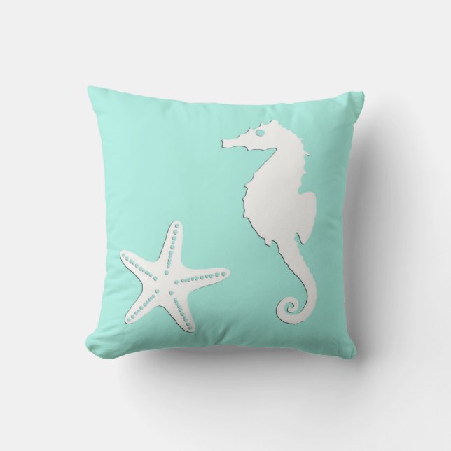 Coussin Hippocampe et étoiles de mer - blanc sur l'aqua (Recto)