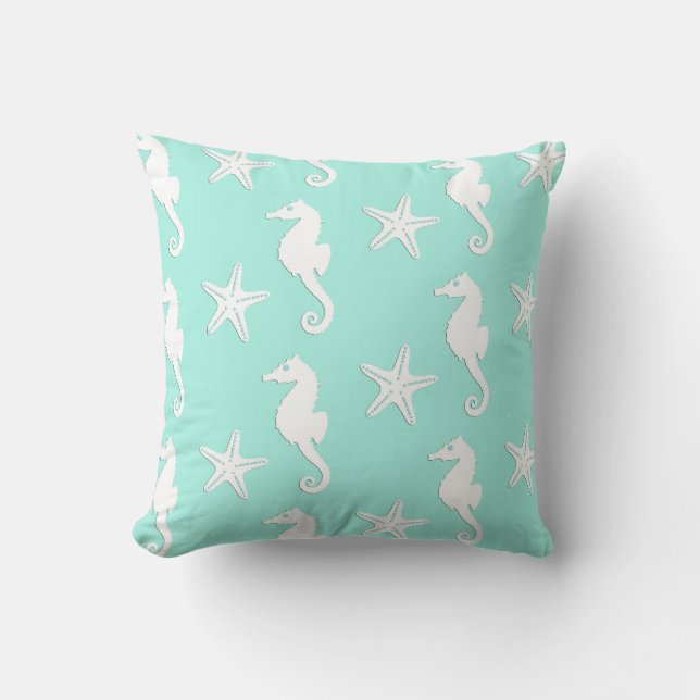 Coussin Hippocampe et étoiles de mer - blanc sur l'aqua (Recto)