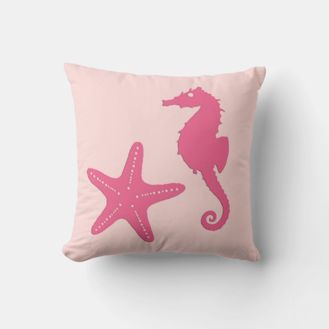Coussin Hippocampe et étoiles de mer - rose de corail (Recto)