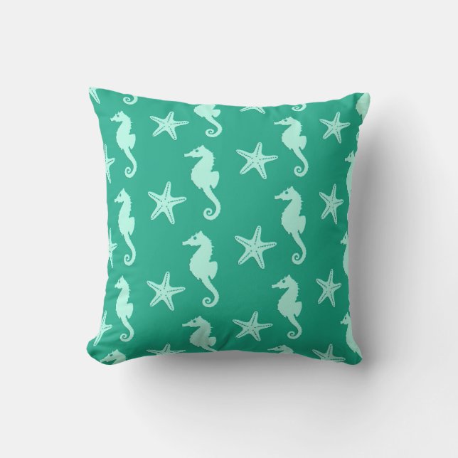 Coussin Hippocampe et poisson d'eau - vert turquoise et ma (Recto)