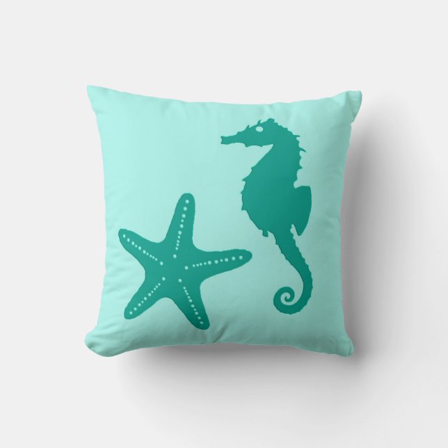 Coussin Hippocampe & étoile de mer - turquoise et aquarell (Recto)