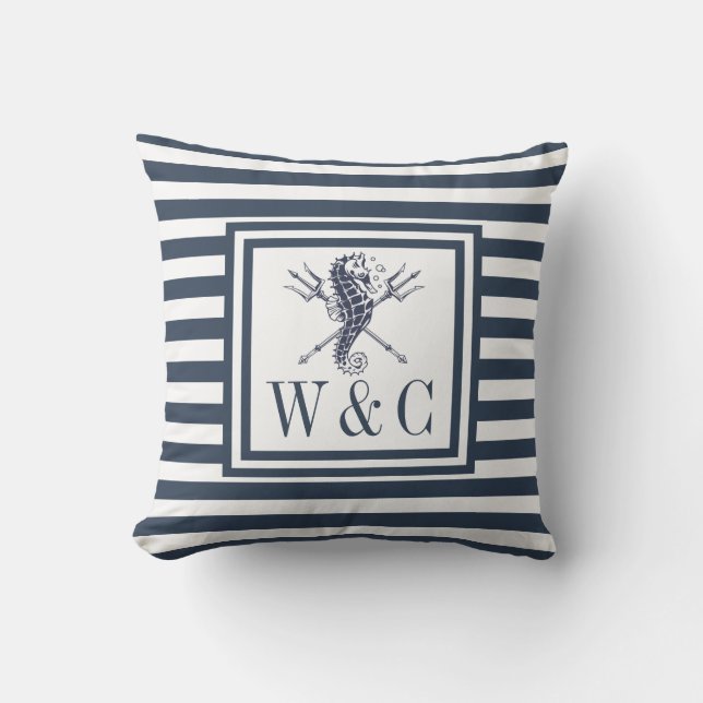 Coussin Hippocampe Monogramme Rayures Bleu Marine Nautique (Recto)
