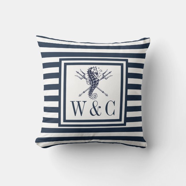 Coussin Hippocampe nautique Monogramme bleu marine rayé (Recto)