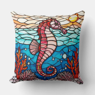 Coussin Hippocampe rose et corail océanique