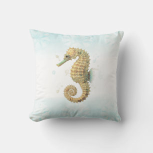 Coussin Hippocampe sarcelle et or aquarelle plage côtière