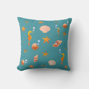 Coussin Hippocampes, coquillages et étoiles de mer sur tur