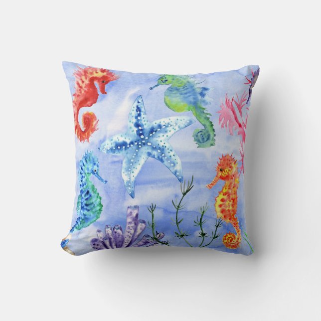 Coussin Hippocampes Et Étoiles De Mer Avec Motif De Coraux (Recto)