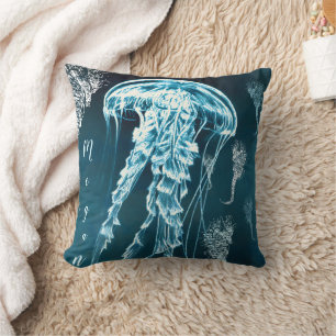Coussin Hippocampes méduses aquarelle bleu marine