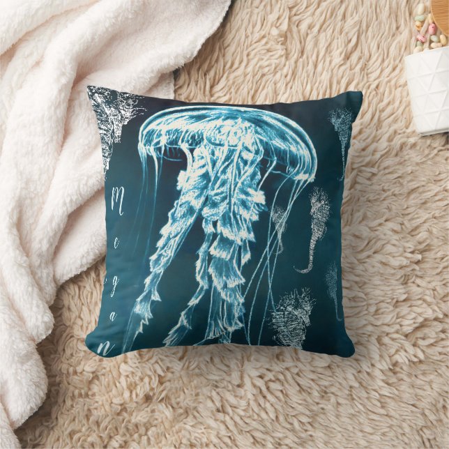 Coussin Hippocampes méduses aquarelle bleu marine (Couverture)