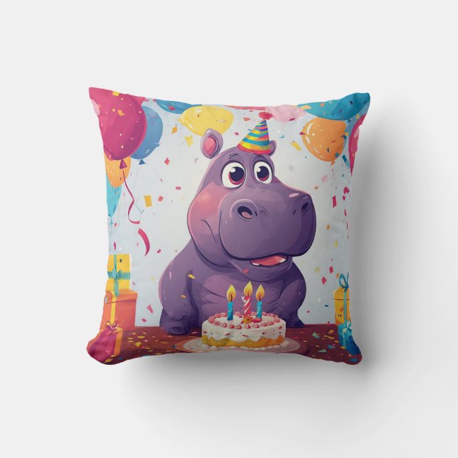 Coussin Hippopotame adorable célébrant son anniversaire av (Recto)
