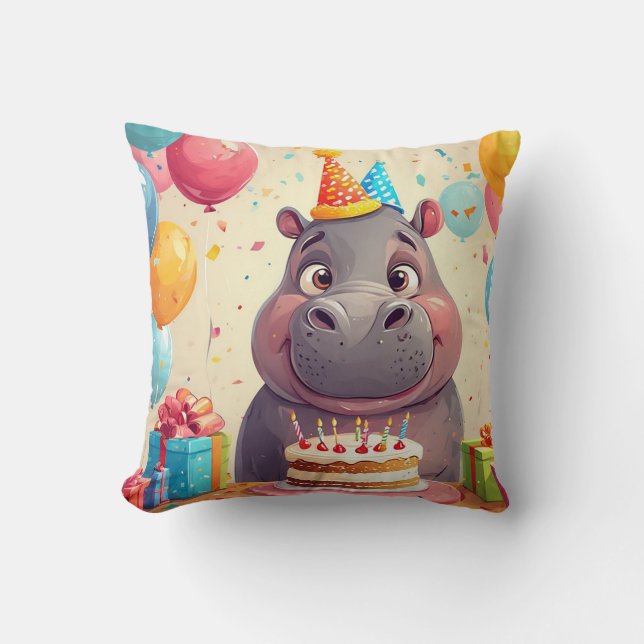Coussin Hippopotame adorable célébrant son anniversaire av (Recto)