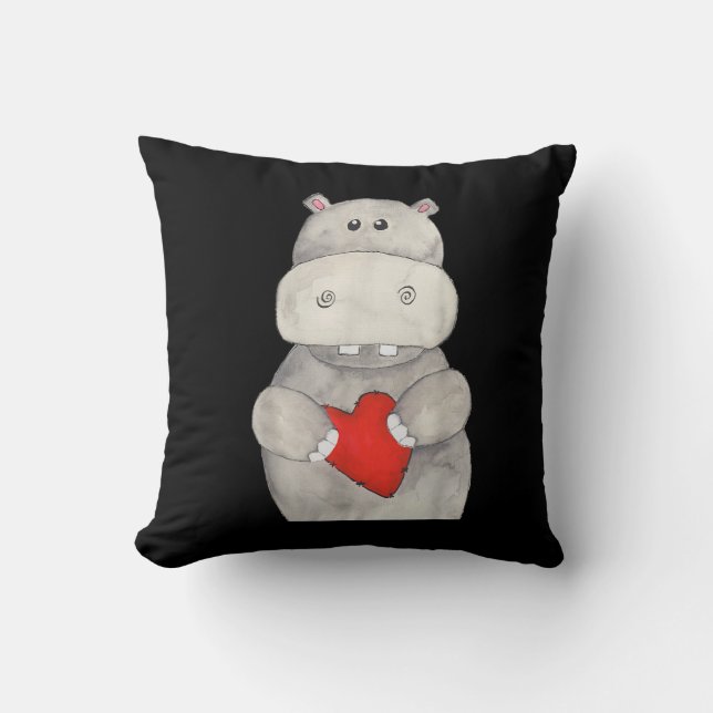 Coussin Hippopotame mignon tenant le coeur | Love Hippo (Recto)