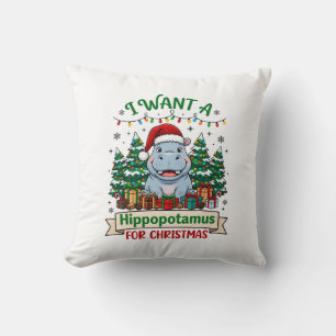 Coussin Hippopotame Noël Hippo Chapeau de Père Noël Arbres