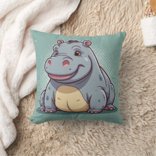 Coussin Hippopotamus Funny Kawaii Blue Print