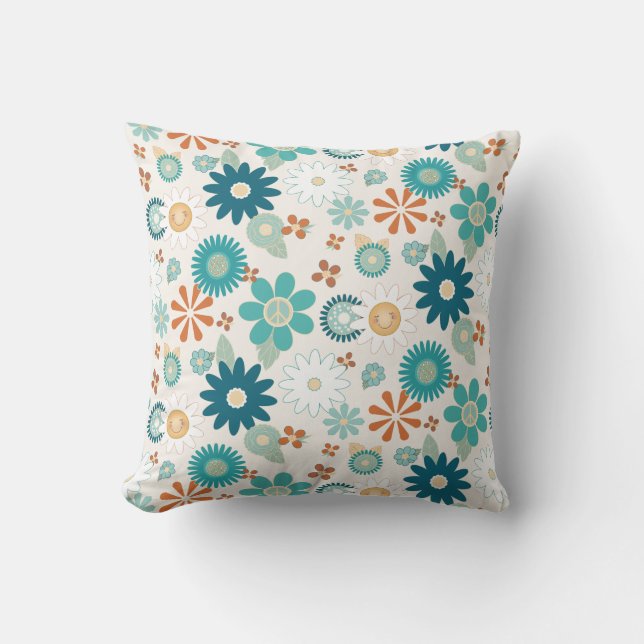 Coussin Hippy Retro Vibe les années 70 Daisy Peace Blue Or (Recto)