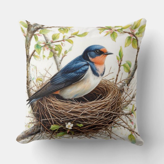 Coussin Hirondelle Rustique Niche sur une Branche Couverte (Recto)