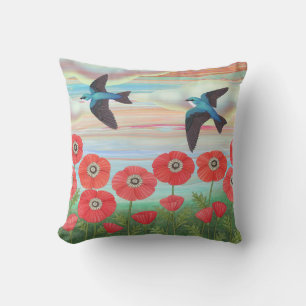 Coussin hirondelles d'arbre et pavots
