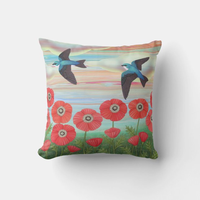 Coussin hirondelles d'arbre et pavots (Recto)