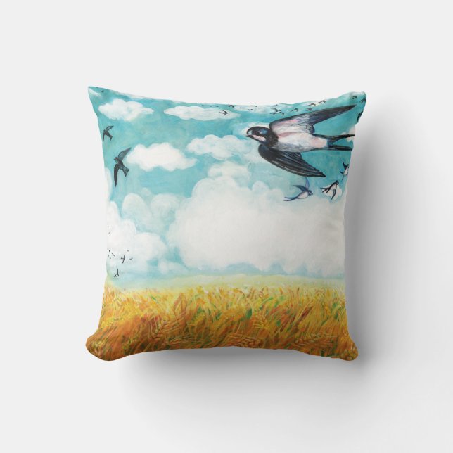 Coussin Hirondelles sur un champ de blé Illustration (Recto)
