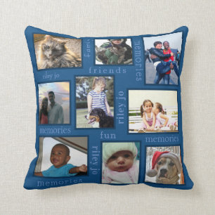 Coussin Histoires de monogramme bleu classique Collage de 