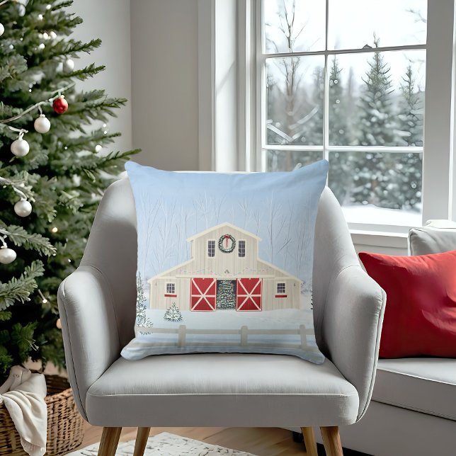 Coussin Hiver Blanc Neige Noël Grange Portes rouges (20 x 20)