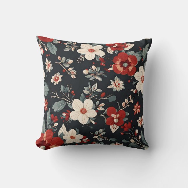 Coussin hiver fleurs blanches et rouges, gris bleu feuille (Recto)